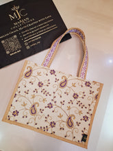 Zohra (زوہرا) Luxe Jute Tote Bag – Purple & Gold Embroidered Handcrafted Tote for Women
